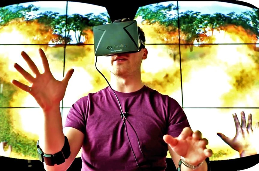 A young man experiments with the AR technology Oculus Rift