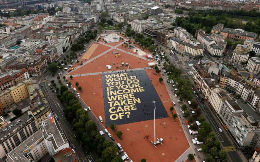 Switzerland rejected in 2016 a universal basic income referendum. Image of the campaign, pro UBI