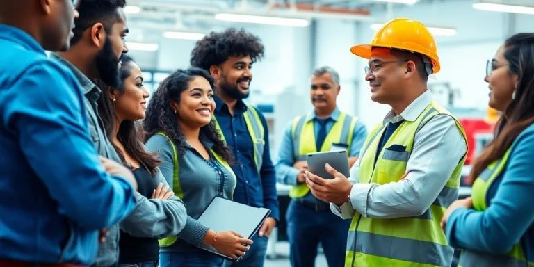 Employees discussing safety in a modern workplace setting.