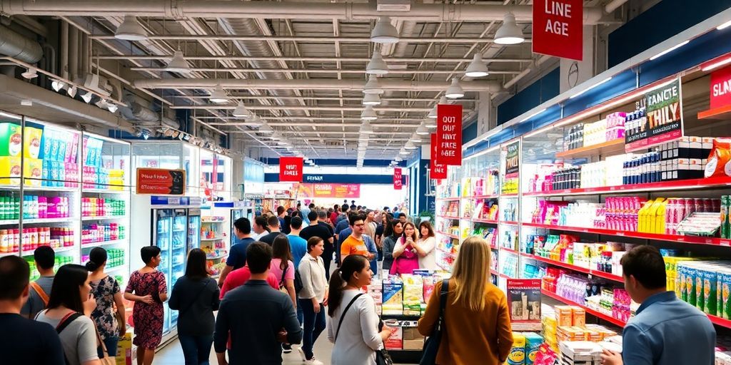Busy retail store with customers and products on display.