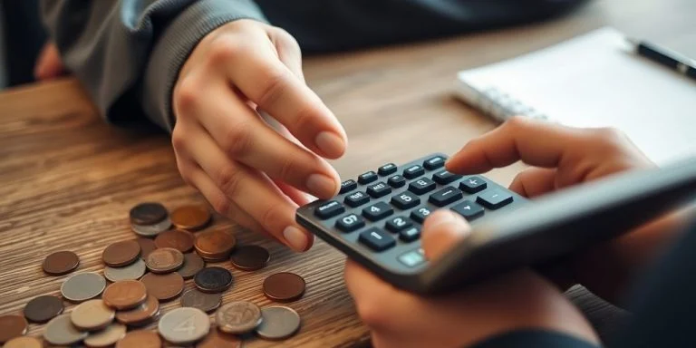 Person calculating savings interest with coins and calculator.
