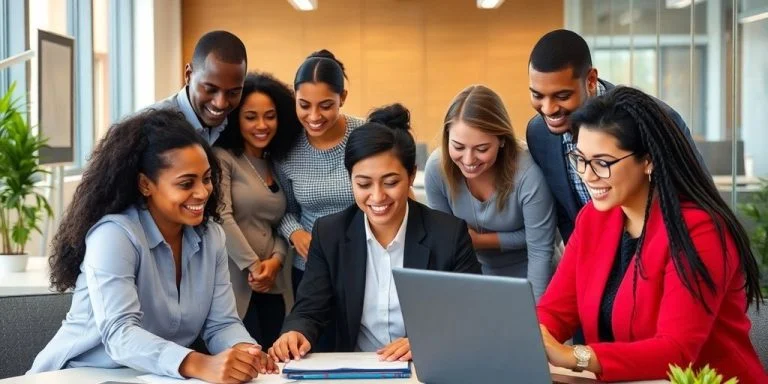 Diverse professionals collaborating in an immigration services office.