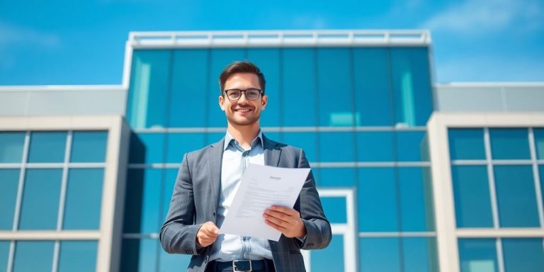 Job seeker in professional attire outside an office building.