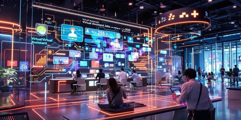 Futuristic workspace with virtual assistants and digital technology.