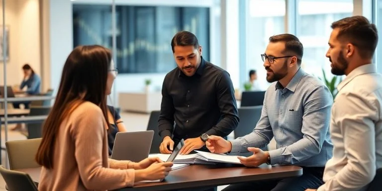 Consultants collaborating in a modern office environment.
