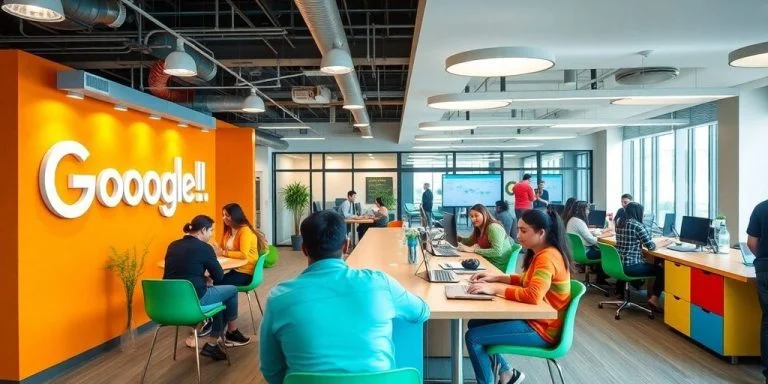 Diverse professionals collaborating in a vibrant Google workspace.