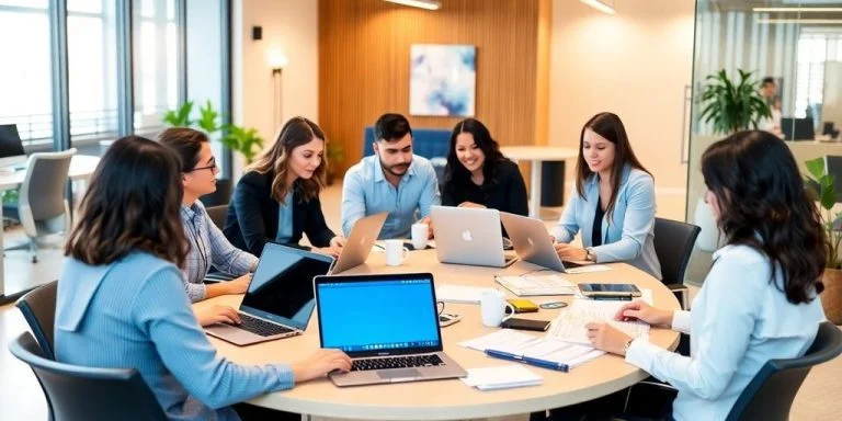 Professionals collaborating in a modern office setting.