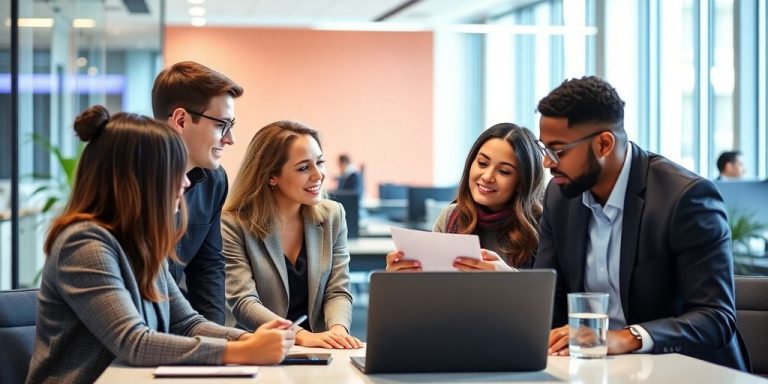 Diverse Bank of America employees collaborating in a modern office.