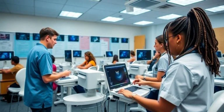 Students learning ultrasound technology in a classroom setting.