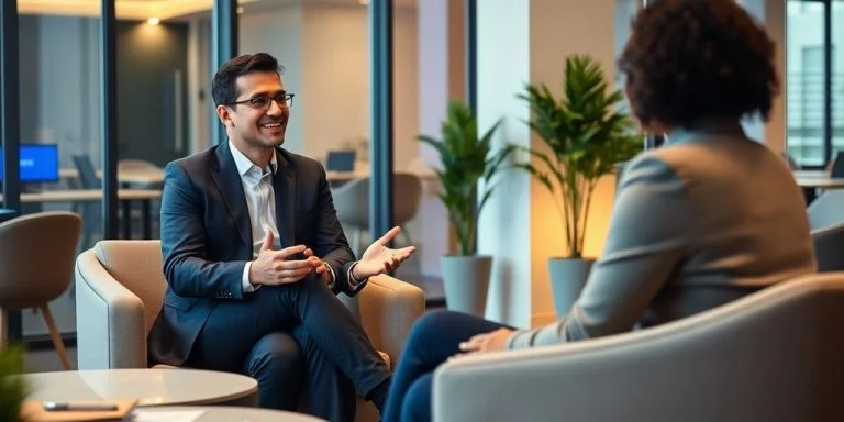 Executive coach engaging with a client in a modern office.