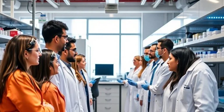 Diverse professionals collaborating in a modern pharmaceutical lab.