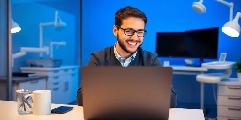 Remote dentist using laptop in a modern office setting.