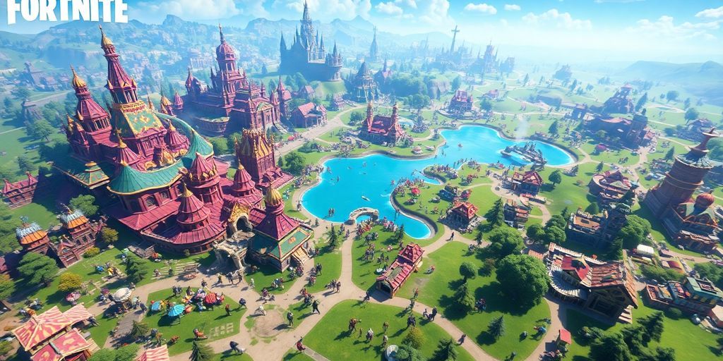 Fortnite's large, colorful game map with players and structures.