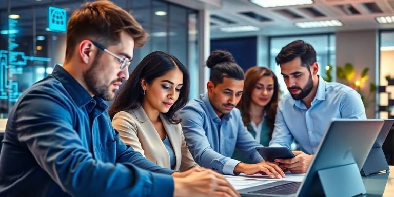 Group of cybersecurity professionals collaborating in a modern office.