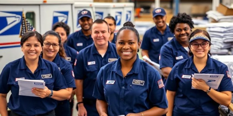 Diverse USPS employees working together in a postal facility.