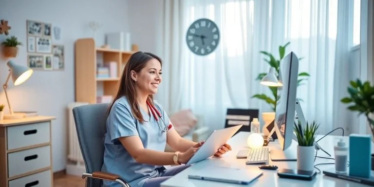 Nurse working in a cozy home office environment.