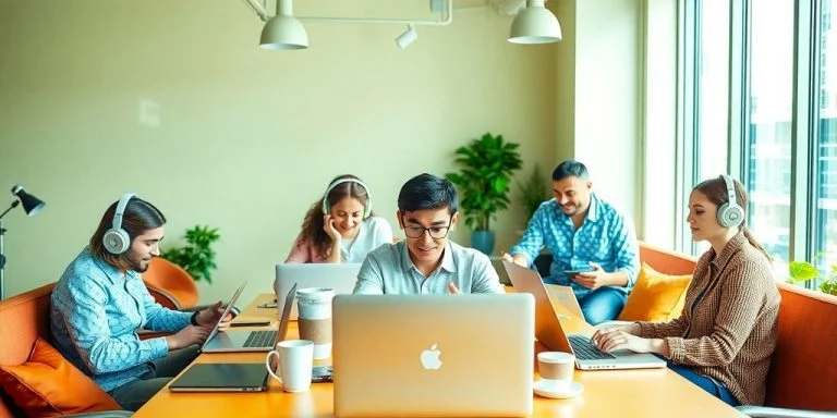 Diverse professionals collaborating in a modern remote workspace.
