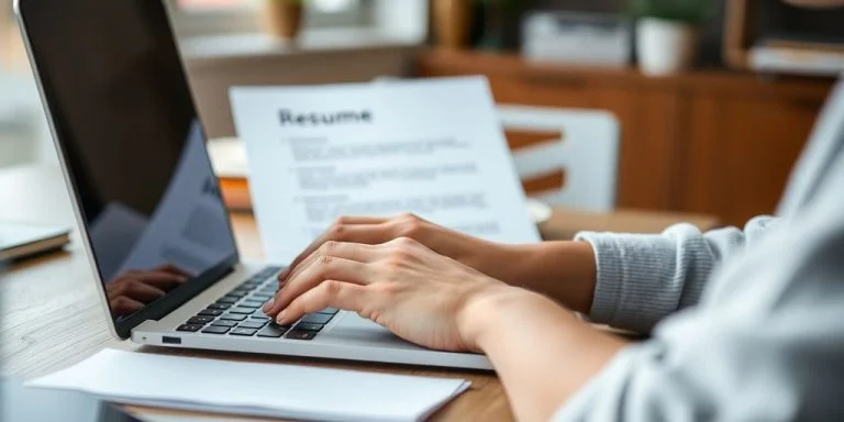 Person focused on building a federal resume on laptop.
