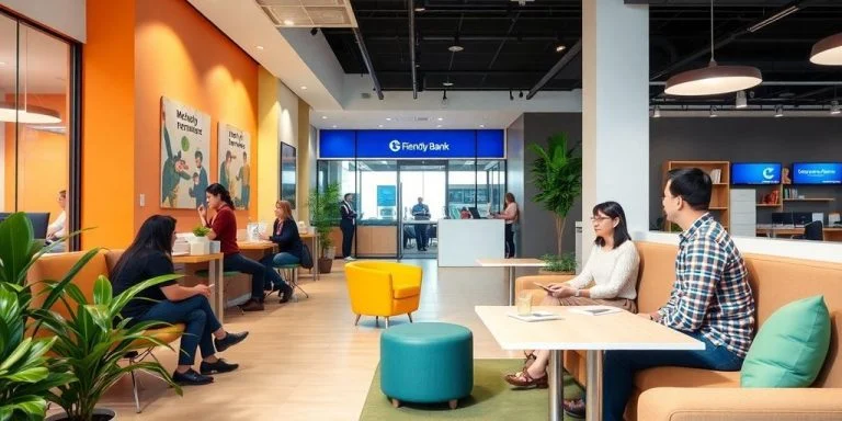 Modern bank office with people discussing in a friendly setting.