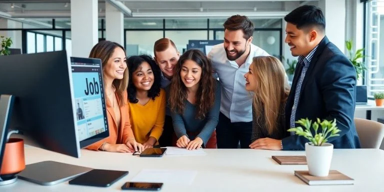 Employers collaborating on job postings in an office setting.