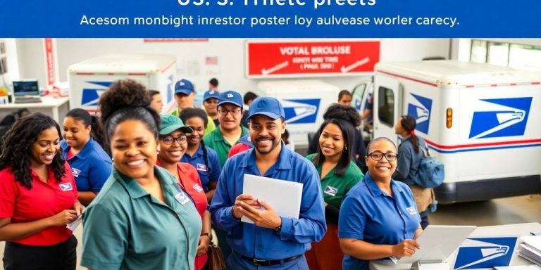 Diverse postal workers collaborating in a busy post office.