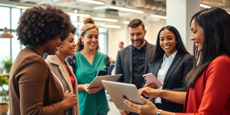 Diverse professionals networking in a modern office setting.