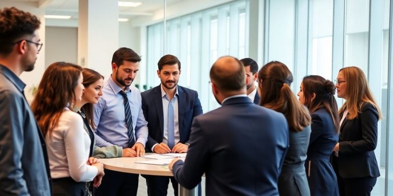Diverse professionals collaborating in a modern office setting.