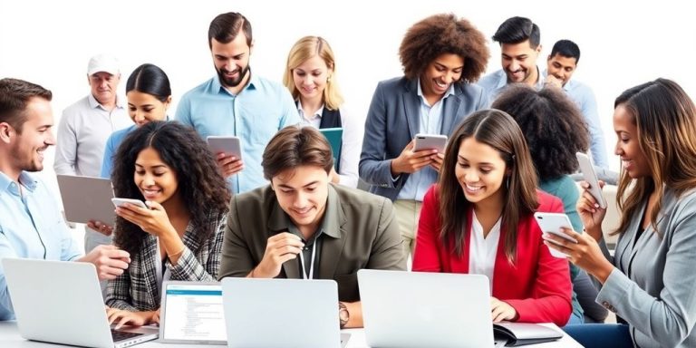 Diverse job seekers using devices to find employment.