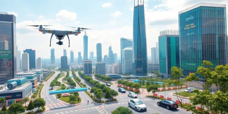 Futuristic city with advanced technology and vibrant skyline.