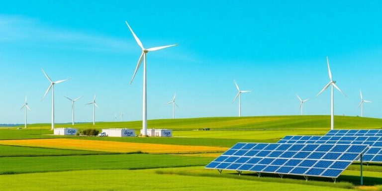 Duke Energy's renewable energy facilities with wind turbines and solar panels.