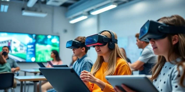 Students using technology in a modern classroom setting.
