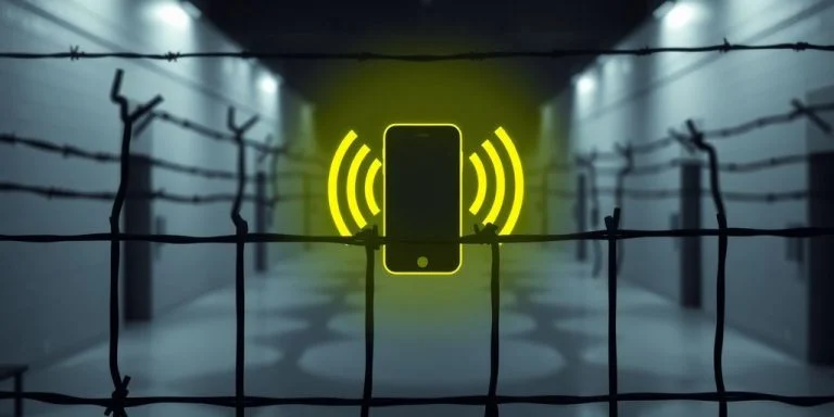 Prison cell blocks with a cellphone jamming icon overlay.
