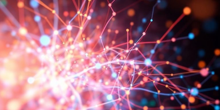 Abstract visualization of neural networks and data streams.