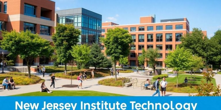 NJIT campus with students and modern architecture in view.