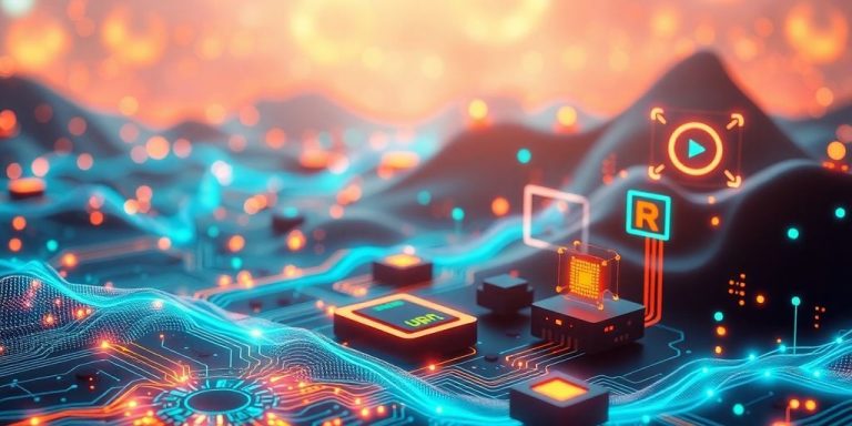 Futuristic technology elements in a vibrant digital landscape.