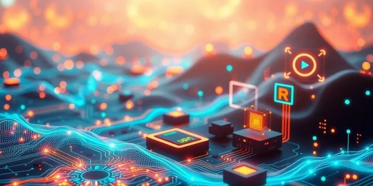 Futuristic technology elements in a vibrant digital landscape.