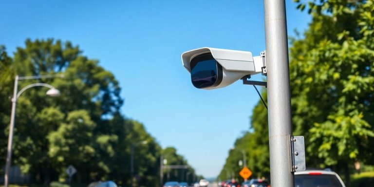 Speed detection camera on a traffic pole in Virginia.