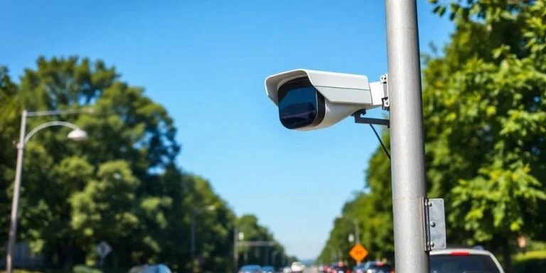 Speed detection camera on a traffic pole in Virginia.