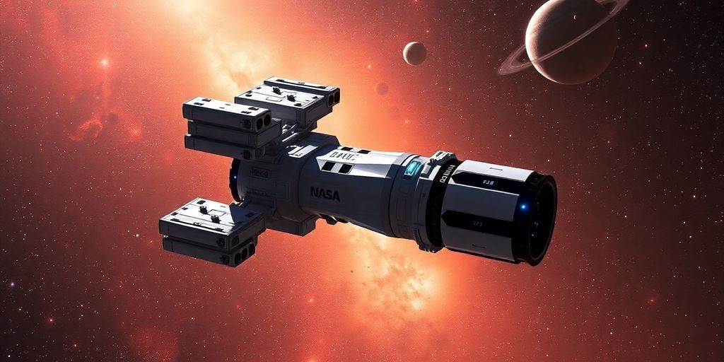 Futuristic spacecraft navigating a vibrant galaxy with advanced technology.