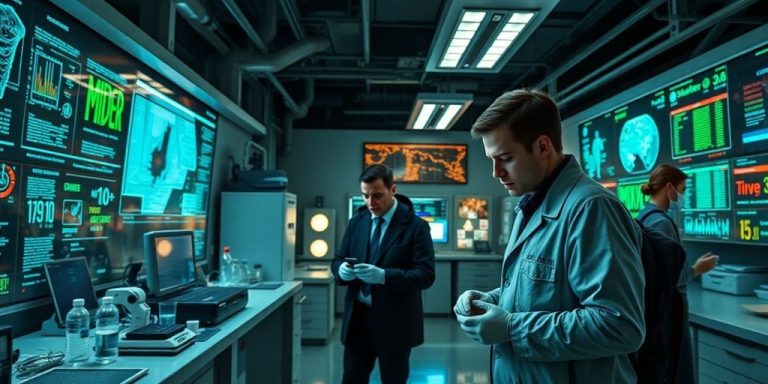 Detectives in a high-tech lab analyzing evidence and data.