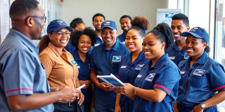 Postal workers assisting customers at a busy post office.
