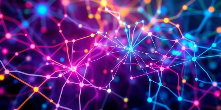 Abstract neural network representation with colorful interconnections.