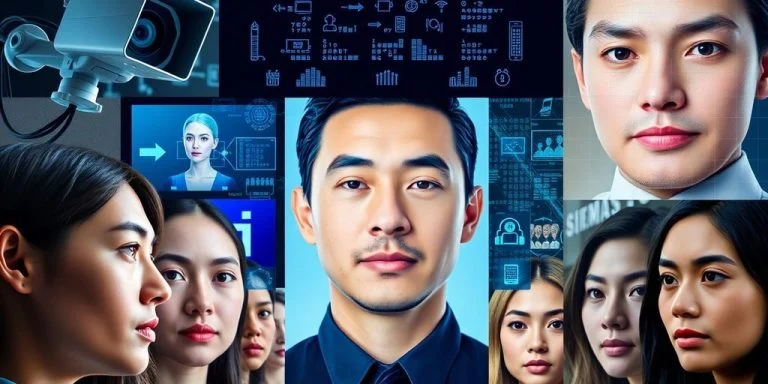 Facial recognition technology components and diverse human faces.