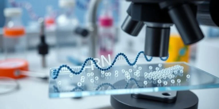 Laboratory scene with mRNA molecules and scientific tools.
