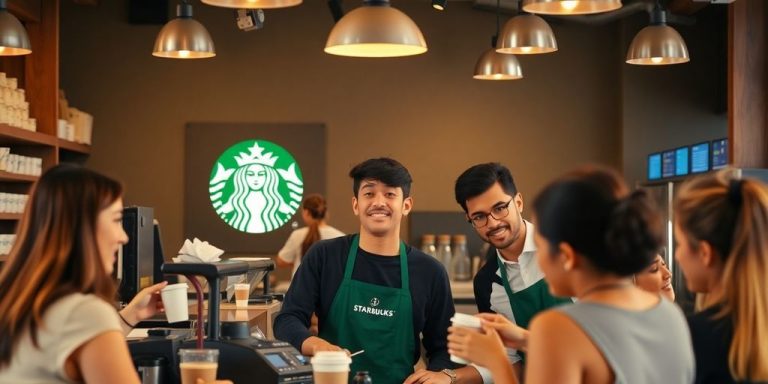 Starbucks baristas serving customers in a cheerful coffee shop.