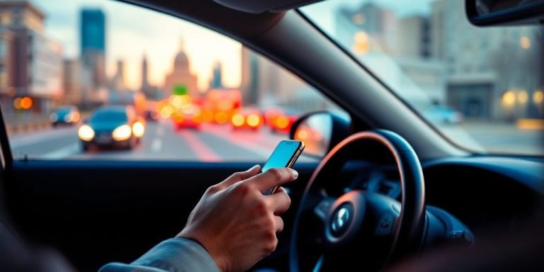 Distracted driver on the road using a smartphone.