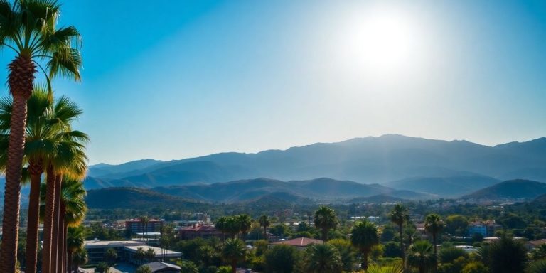 Thousand Oaks, CA landscape with palm trees and mountains.