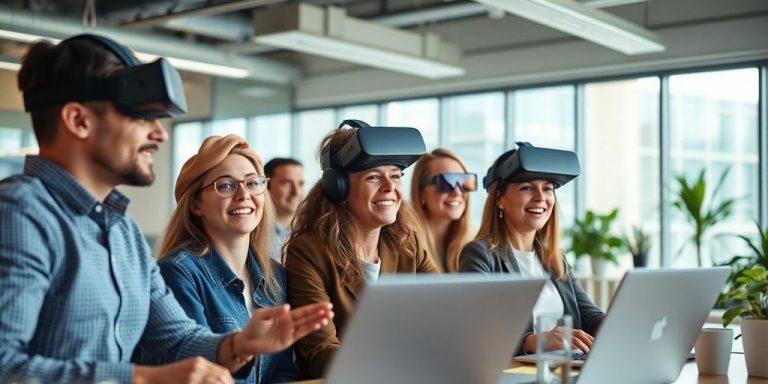 Diverse professionals collaborating with technology in a modern workspace.