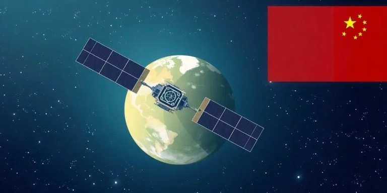 Satellite orbiting Earth with Pakistan and China flags.