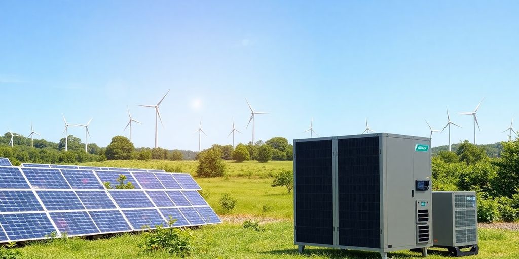 Solar panels and wind turbines in a green landscape.